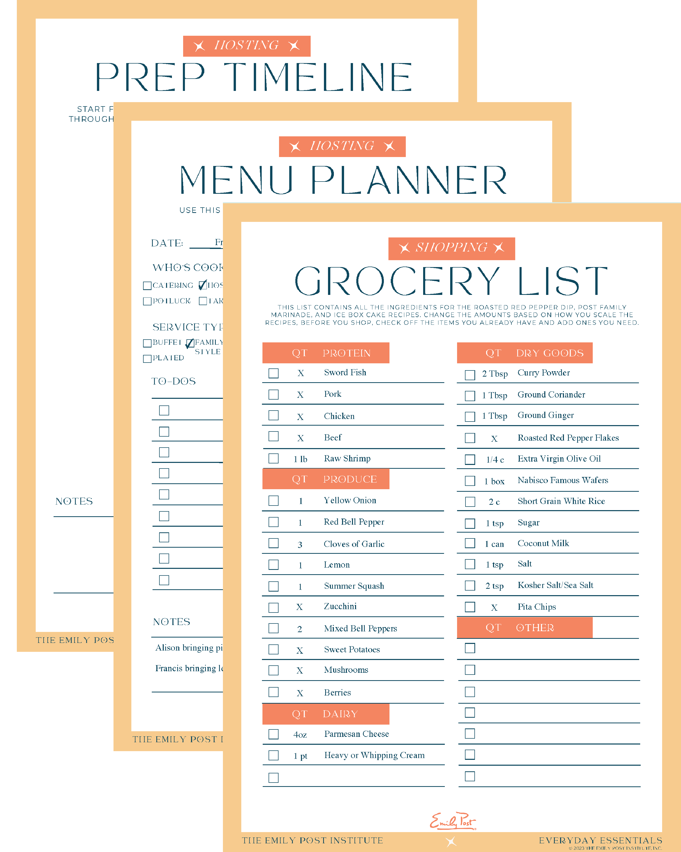 Three stacked pages from the set Dinner Menu #1 Recipes and Planners